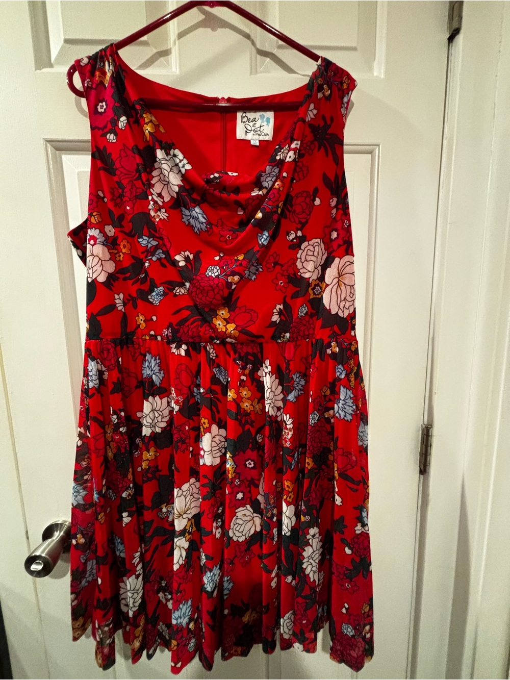 Vibrant Red Floral Cowl-Neck Midi Dress 2x